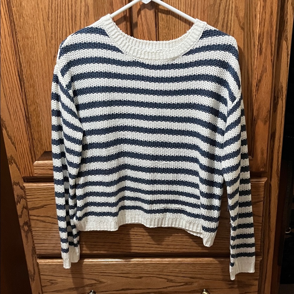 Cyrus Navy and White Striped Crew Neck Sweater